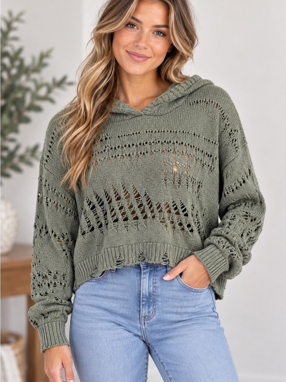Gilded Intent Olive Openwork V-Neck Hoodie Sweater